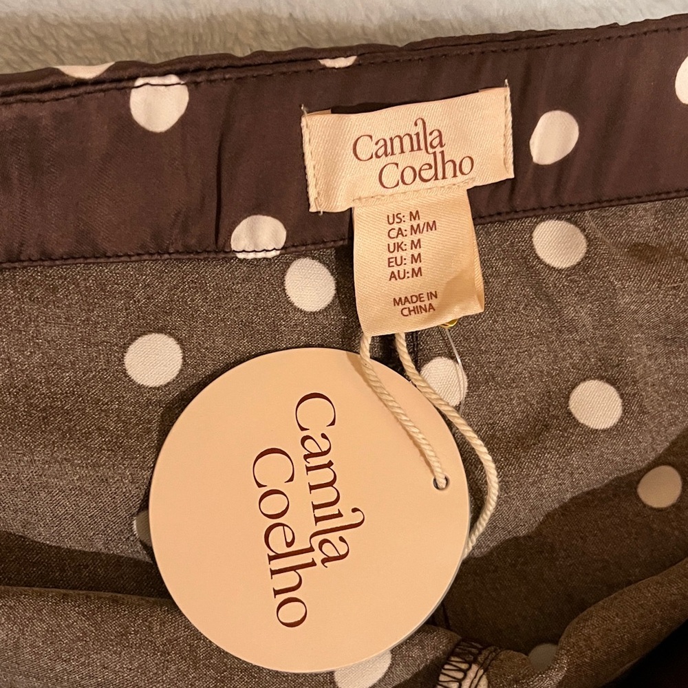 Camila Coelho wide leg polka dot satin pants. Stretchy waist. Brown white M. NWT - Picture 10 of 12